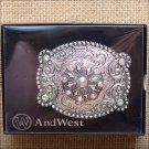 WESTERN COWBOYS ANTIQUE SILVER FLORAL WITH RHINESTONE BELT BUCKLE