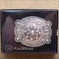 WESTERN COWBOYS ANTIQUE SILVER FLORAL WITH RHINESTONE BELT BUCKLE