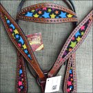 HILASON WESTERN LEATHER HORSE HEADSTALL BREAST COLLAR MAHOGANY STAR INLAY