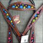 HILASON WESTERN LEATHER HORSE HEADSTALL BREAST COLLAR MAHOGANY STAR INLAY