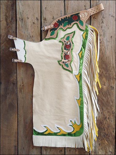 F01 HILASON BRONC BULL RIDING SMOOTH LEATHER RODEO WESTERN CHAPS TAN WHITE GREEN