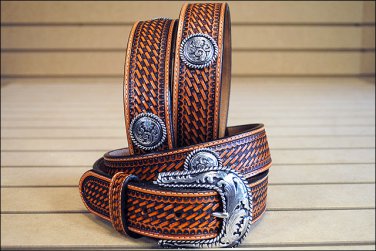 34in. JUSTIN ROUND EM UP TOOLED WESTERN LEATHER BELT BROWN MADE IN THE USA