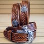 34in. JUSTIN ROUND EM UP TOOLED WESTERN LEATHER BELT BROWN MADE IN THE USA
