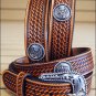 34in. JUSTIN ROUND EM UP TOOLED WESTERN LEATHER BELT BROWN MADE IN THE USA