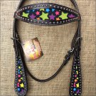 HILASON WESTERN LEATHER HORSE BRIDLE HEADSTALL BLACK W/ STAR INLAY