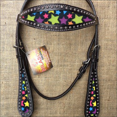 HILASON WESTERN LEATHER HORSE BRIDLE HEADSTALL BLACK W/ STAR INLAY