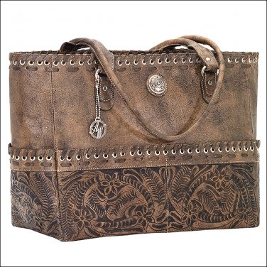 AMERICAN WEST LEATHER CARY ON TOTE HAND TOOLED CONCHO DUFFEL LUGGAGE BAG BROWN