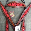 HILASON WESTERN LEATHER HORSE HEADSTALL BREAST COLLAR MAHOGANY RED BLACK DOTS