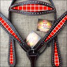HILASON WESTERN LEATHER HORSE HEADSTALL BREAST COLLAR RED WHITE BLOCKS PAINTED
