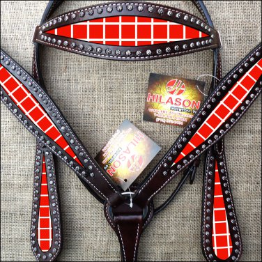 HILASON WESTERN LEATHER HORSE HEADSTALL BREAST COLLAR RED WHITE BLOCKS PAINTED