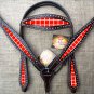 HILASON WESTERN LEATHER HORSE HEADSTALL BREAST COLLAR RED WHITE BLOCKS PAINTED
