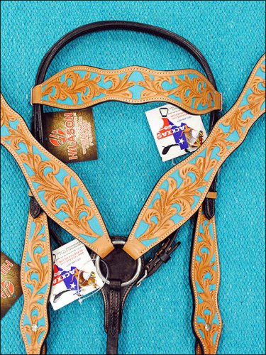 NEW HILASON LEATHER HORSE BRIDLE HEADSTALL BREAST COLLAR WESTERN TURQUOISE INLAY