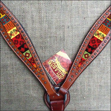HILASON WESTERN LEATHER HORSE BREAST COLLAR MAHOGANY W/ AZTEC INLAY