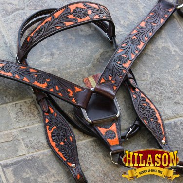 HILASON WESTERN LEATHER HORSE HEADSTALL BREAST COLLAR BROWN ORANGE HAND PAINT