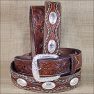 44 INCH WESTERN BROWN LEATHER MENS BELT FLORAL TOOLING  SCALLOPED OVERLAY