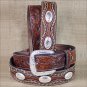 44 INCH WESTERN BROWN LEATHER MENS BELT FLORAL TOOLING SCALLOPED OVERLAY