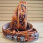 36in. TONY LAMA FLORAL TOOLED GENUINE LEATHER WESTERN BANDERA MEN BELT - TAN