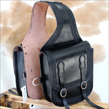 BG107BK-F HILASON WESTERN  LEATHER COWBOY TRAIL RIDE HORSE SADDLE BAG BLACK