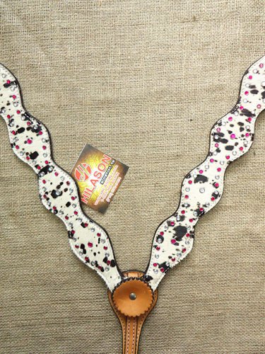 S545 NEW HILASON WESTERN COWHIDE LEATHER HORSE BREAST COLLAR TACK W/ RHINESTONES