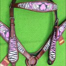 M21 HILASON WESTERN ZEBRA LEATHER HORSE HEADSTALL BREAST COLLAR ANGEL CROSS GUN