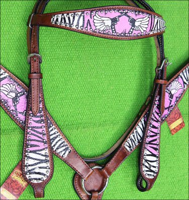M21 HILASON WESTERN ZEBRA LEATHER HORSE HEADSTALL BREAST COLLAR ANGEL CROSS GUN