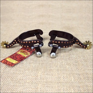 HILASON ANTIQUE BROWN YOUTH SPURS W/ COPPER DOTS BORDER BRASS BUTTONS ROWEL