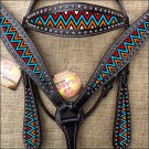 HILASON WESTERN LEATHER HORSE HEADSTALL BREAST COLLAR BLACK TIE DIE PAINTED