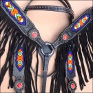 HILASON WESTERN LEATHER HORSE HEADSTALL BREAST COLLAR BLACK BEADED INLAY FRINGES