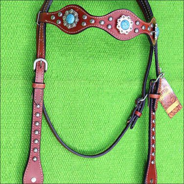 HILASON WESTERN LEATHER HORSE HEADSTALL BRIDLE MAHOGANY TURQUOISE STONE CONCHO