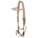 TOUGH 1 BROWBAND LEATHER HEADSTALL W/ BRAIDED RAWHIDE & SILVER BARRELS LIGHT OIL