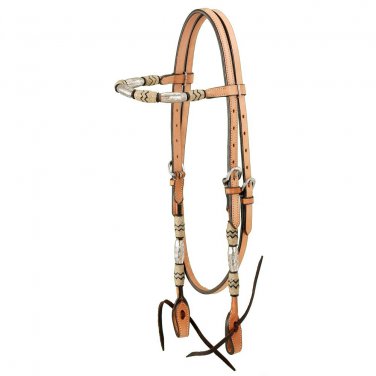 TOUGH 1 BROWBAND LEATHER HEADSTALL W/ BRAIDED RAWHIDE & SILVER BARRELS LIGHT OIL