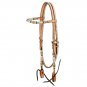 TOUGH 1 BROWBAND LEATHER HEADSTALL W/ BRAIDED RAWHIDE & SILVER BARRELS LIGHT OIL