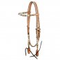 TOUGH 1 BROWBAND LEATHER HEADSTALL W/ BRAIDED RAWHIDE & SILVER BARRELS LIGHT OIL