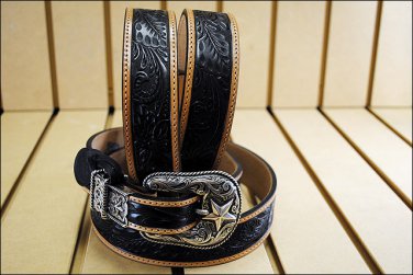 46 inch JUSTIN FLORAL TOOLED TAPER WESTERN LEATHER MANS BELT BLACK