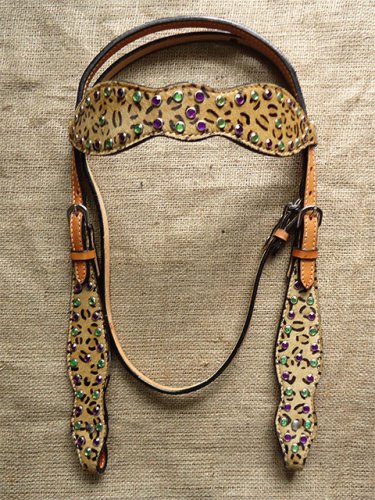 A- HILASON WESTERN LEOPARD LEATHER HORSE BRIDLE HEADSTALL W/ RHINESTONES CHEETAH