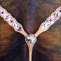 A39 HILASON WESTERN COWHIDE HAIR ON LEATHER HORSE BREAST COLLAR W/ PURPLE CONCHO