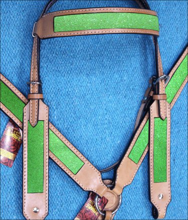 HILASON WESTERN LEATHER HORSE HEADSTALL BREAST COLLAR TAN W/ LIME GREEN INLAY