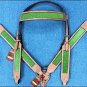 HILASON WESTERN LEATHER HORSE HEADSTALL BREAST COLLAR TAN W/ LIME GREEN INLAY