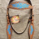S44 HILASON WESTERN LEATHER HORSE BRIDLE HEADSTALL TAN W/ TURQUOISE HAND PAINT