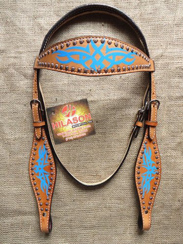 S44 HILASON WESTERN LEATHER HORSE BRIDLE HEADSTALL TAN W/ TURQUOISE HAND PAINT