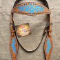 S44 HILASON WESTERN LEATHER HORSE BRIDLE HEADSTALL TAN W/ TURQUOISE HAND PAINT