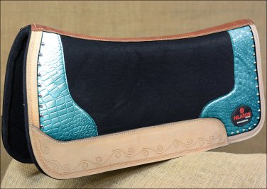 FP835-F HILASON WESTERN WOOL FELT SADDLE PAD WITH TEAL ALLIGATOR PRINT LEATHER