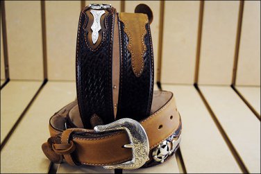 32IN. JUSTIN ODESSA STAR WESTERN TOOLED LEATHER MANS BELT TAN