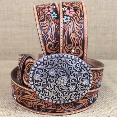 JUSTIN TAN VANESSA VINE FLORAL TOOL LEATHER LADIES BELT WESTERN COWGIRL