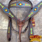 HILASON WESTERN LEATHER HORSE HEADSTALL BREAST COLLAR AZTEC HAND PAINT TAN KOTE
