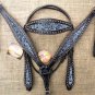 HILASON WESTERN LEATHER HORSE BRIDLE HEADSTALL BREAST COLLAR BLACK SILVER INLAY
