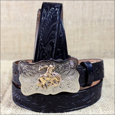 0189C 24 x 1 INCH JUSTIN BLACK BOY'S WESTERN EMBOSSED COWHIDE LEATHER BELT