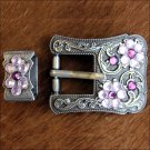 SET OF 32 PINK CRYSTALS ANTIQUE SILVER FINISH BUCKLE SET BELT HEADSTALL