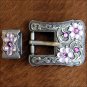 SET OF 32 PINK CRYSTALS ANTIQUE SILVER FINISH BUCKLE SET BELT HEADSTALL