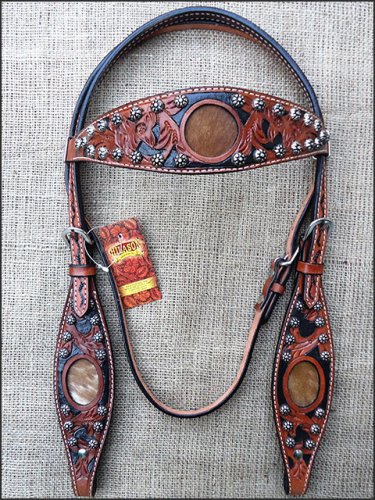 HILASON WESTERN LEATHER HORSE  HEADSTALL BRIDLE DARK OIL BLACK HAIR ON INLAY